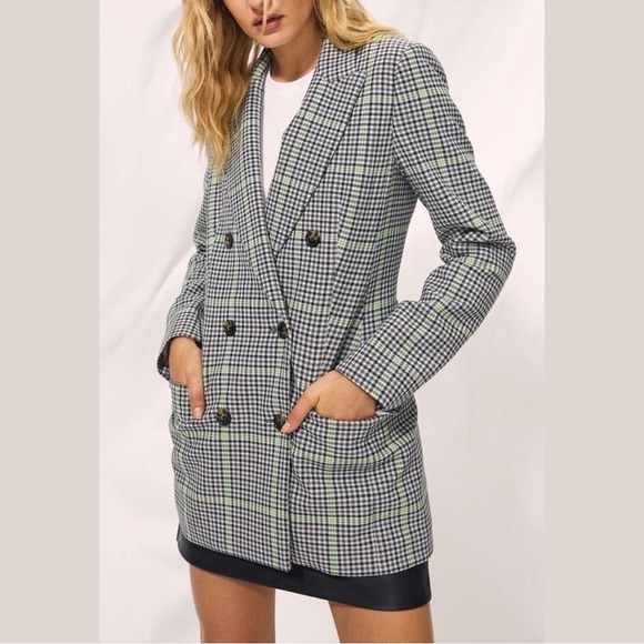 Aritzia x Wilfred Margaux Gray Green Houndstooth Double-Breasted Blazer Sz 2 EUC - Picture 14 of 16